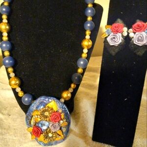 Used,not new, never worn 24in bead necklace&ceramic handmade pendant &earrings.